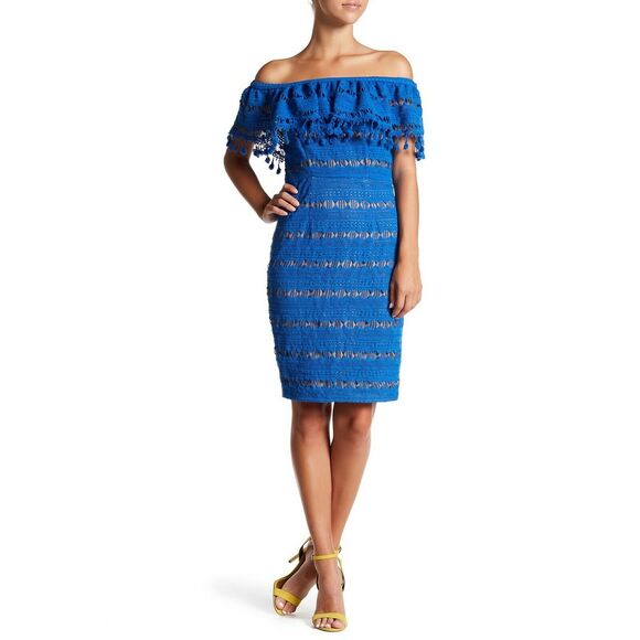 TRACY REESE off the shoulder pom pom bodycon lace dress Aegean blue Size 2 NEW - Picture 8 of 8
